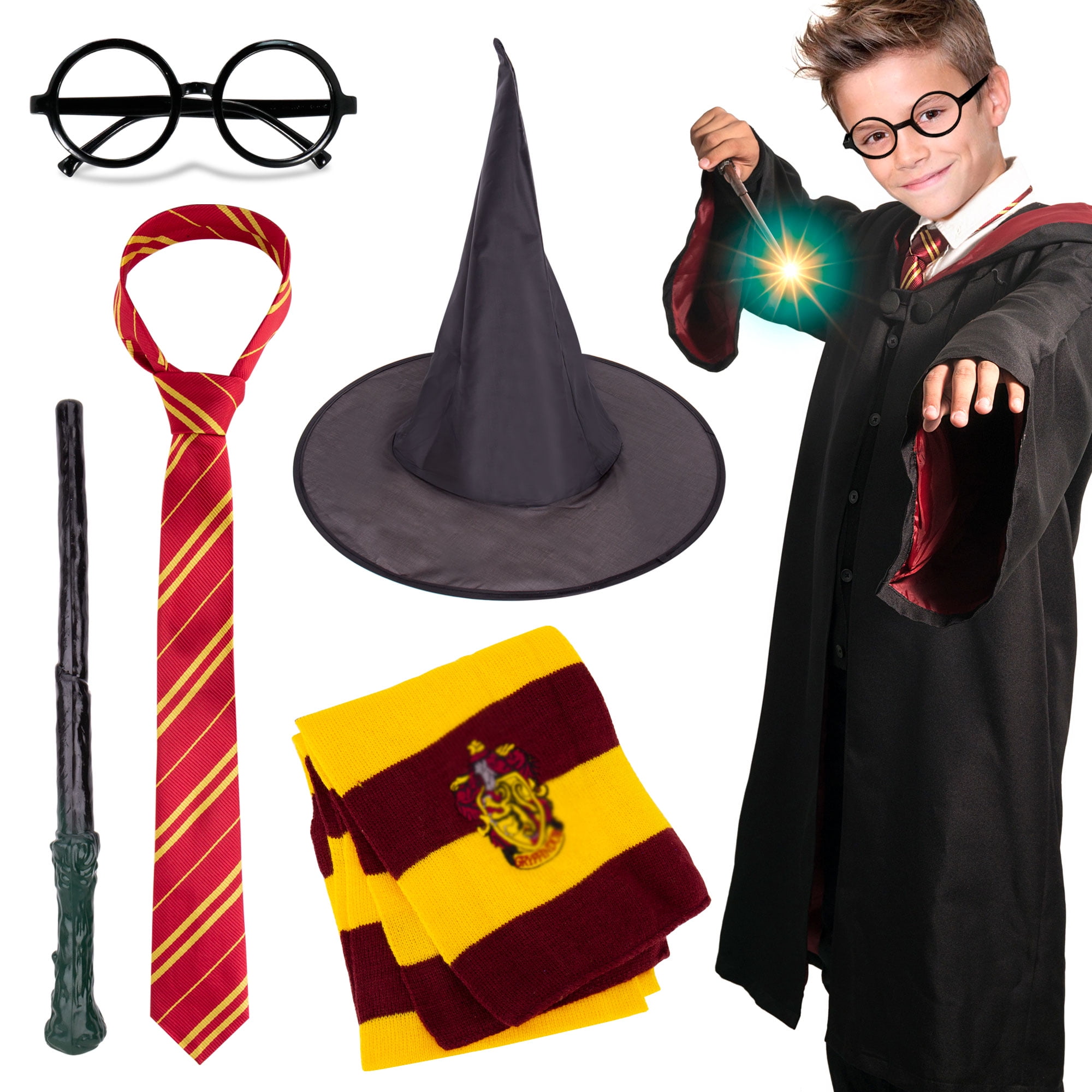 Novelty Scarf Wizard 5 pcs Costume Cosplay Set for Harry Unique Potter Party - Halloween Christmas Birthday Gifts for Boys and Girls - Striped Tie, Glasses Frame, Wizard Hat, Magic Wand and Knit Scarf