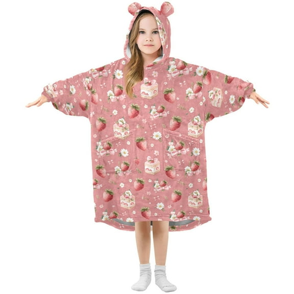 Wearable Blanket Hoodie for Kids Strawberry Cake Bow Pattern Flannel Hooded Blanket with Pockets and Sleeves Suitable for Boys and Girls