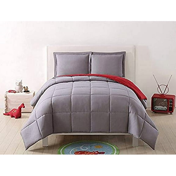 My World Solid Grey and Red Reversible 3 Piece Twin XL Comforter Set