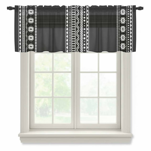 Black Boho Valance Curtains for Kitchen/Living Room/Bathroom/Bedroom Window, Rod Pocket Small Topper Half Short Window Curtains Voile Sheer Scarf, Vintage Abstract Striped Geometric Motifs 42"x12"