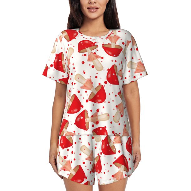 Balery Cute Mushroom Conjunto de Pijama para Mujer con Estampado, Dos Piezas de Manga Corta y Shorts, Ropa de Dormir Suave con Cuello Redondo y Bolsillos-Large