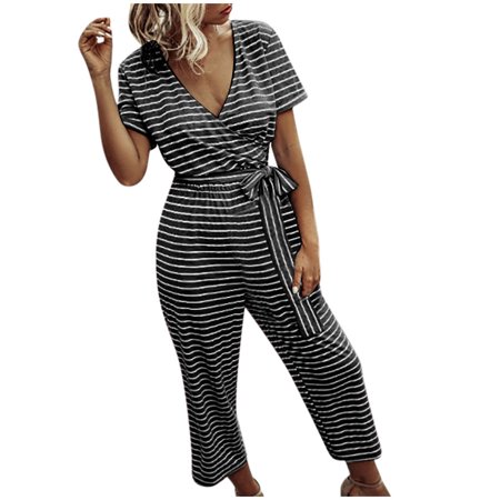 

Summer Rompers Short Sleeve Stripe Long Pajamas Set Loose Sleepwear Romper Black S