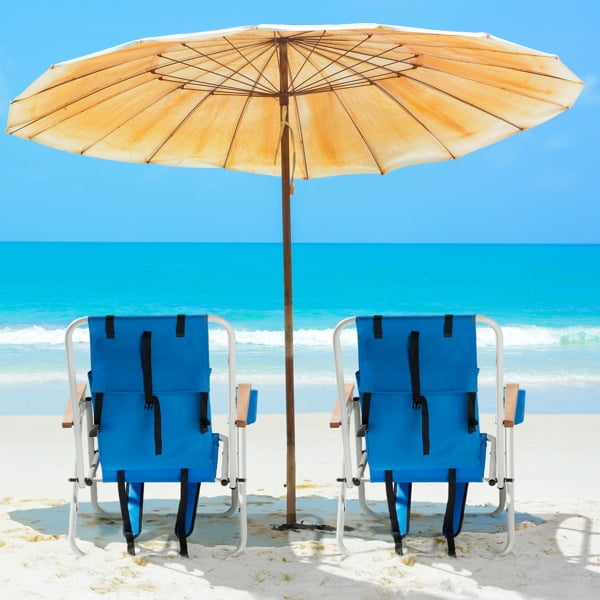 2 Pack Beach Chairs with Headrest & Cup Holder, Portable Backpack Camping Chairs 4-Position Lightweight Folding Chairs Support 265lbs - Blue
