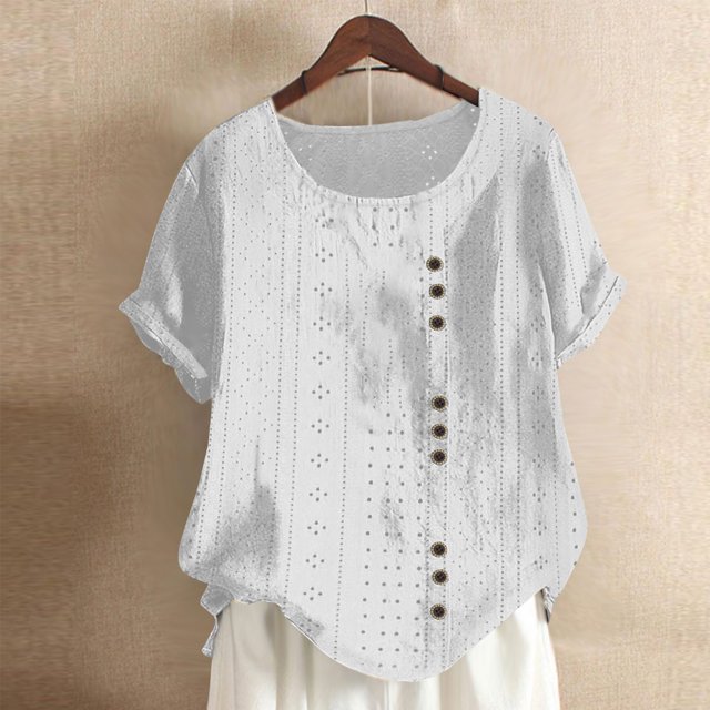 Blouses pour Femmes, Mode Féminine Couleur Unie Confortable Ample Manches Courtes Blouse Boutonnée Col Rond Décontracté