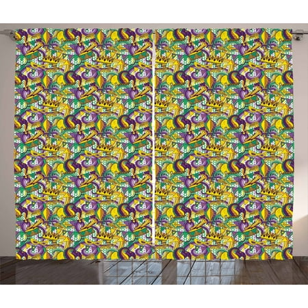 New Orleans Curtains 2 Panels Set Mardi Gras Party Elements Carnival Mask Hats And Crowns Traditional Pattern Window Drapes For Living Room Bedroom
