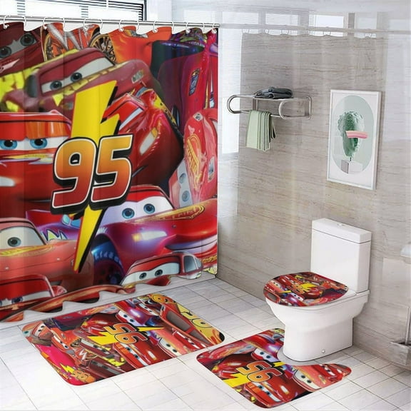 4 Piece Shower Curtain Set with Rugs Lightning McQueen Shower Curtain Bathroom Sets Decor Waterproof