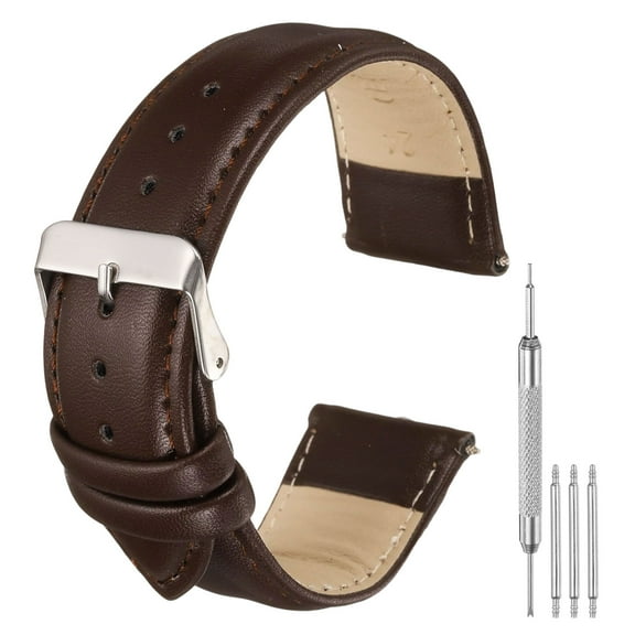 Uxcell Leather Watch Bands for Men and Women, 24mm Quick Release Watch Strap Replacement, Flat Thin Elegant Leather Watch Strap with Strap Tools, Drak Brown
