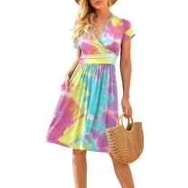 Women's Summer Sundress Casual Short Sleeve V-Neck Short Party Dress with Pockets