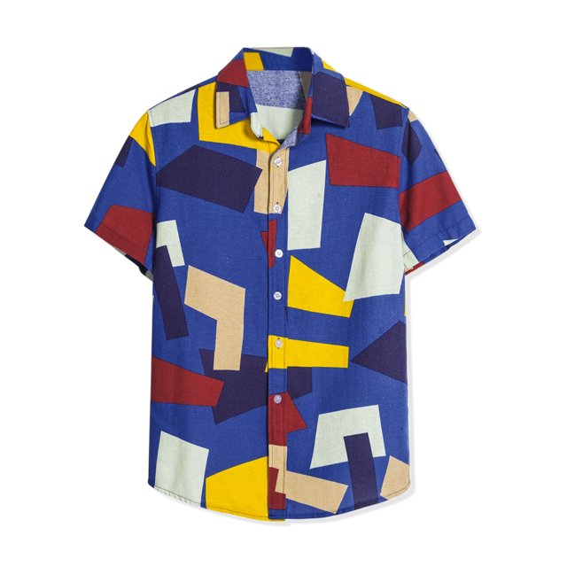 Unique Bargains Men's Irregular Geometric Short Sleeve Button Down Shirts Blue XXL