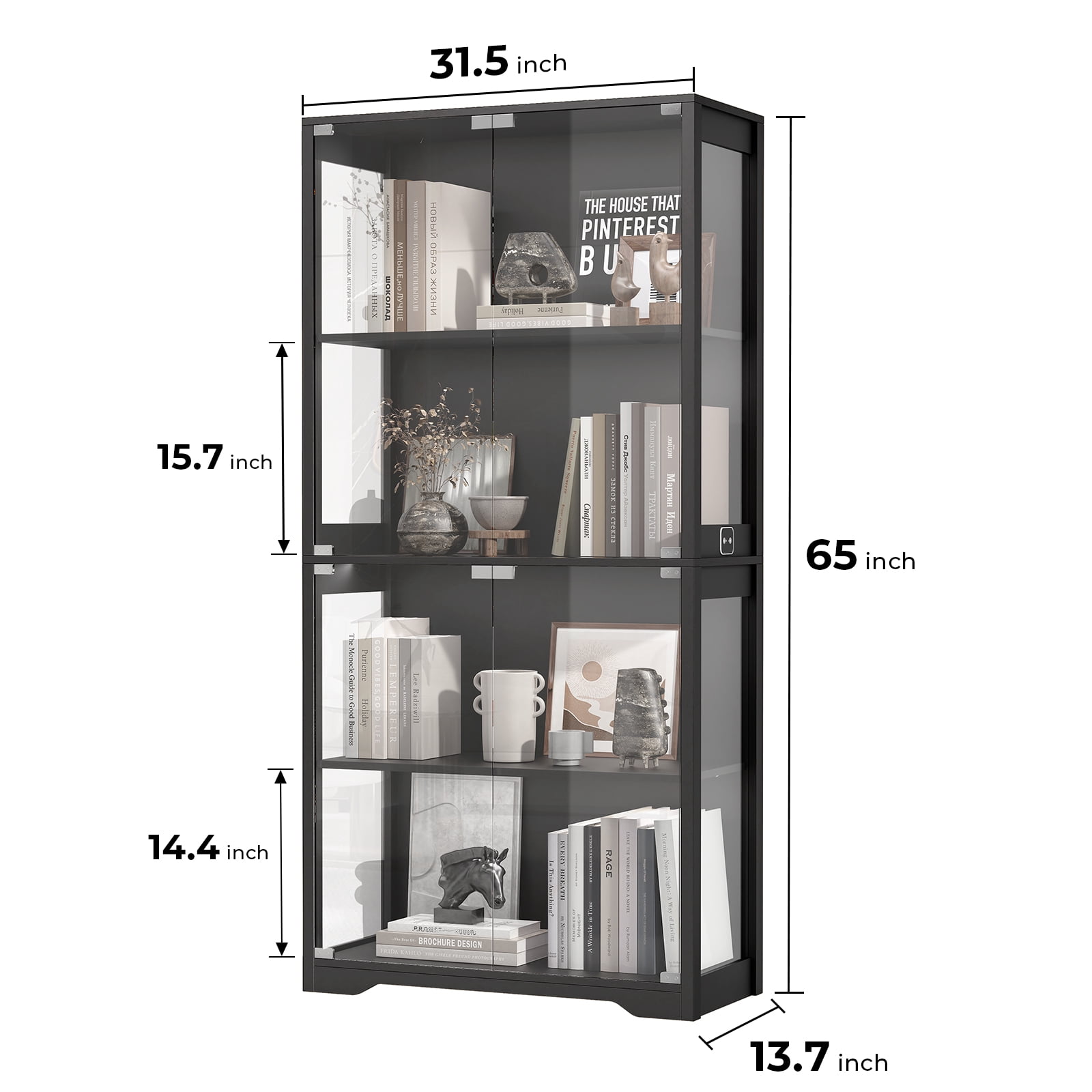 BROTTAR Display Cabinet with Glass Doors, 65" Storage Cabinet with LED, 4-Tier Curio Cabinet & Bookshelf, Collection Showcase for Home Office, Black