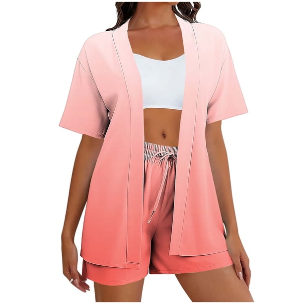 Cardigan Largo para Mujer con Bolsillos Suelto Casual Poliéster Conjunto con Pantalones Cortos Y Top, Sudadera Y Pantalones para Mujeres