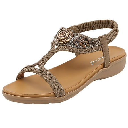 

Kukoosong Comfy Women Sandals Thong Toe Rhinestone Slippers Round Head Outer Wear Solid Color Low-Wedge Heeled Flip-flops Wedge Sandals Brown 35