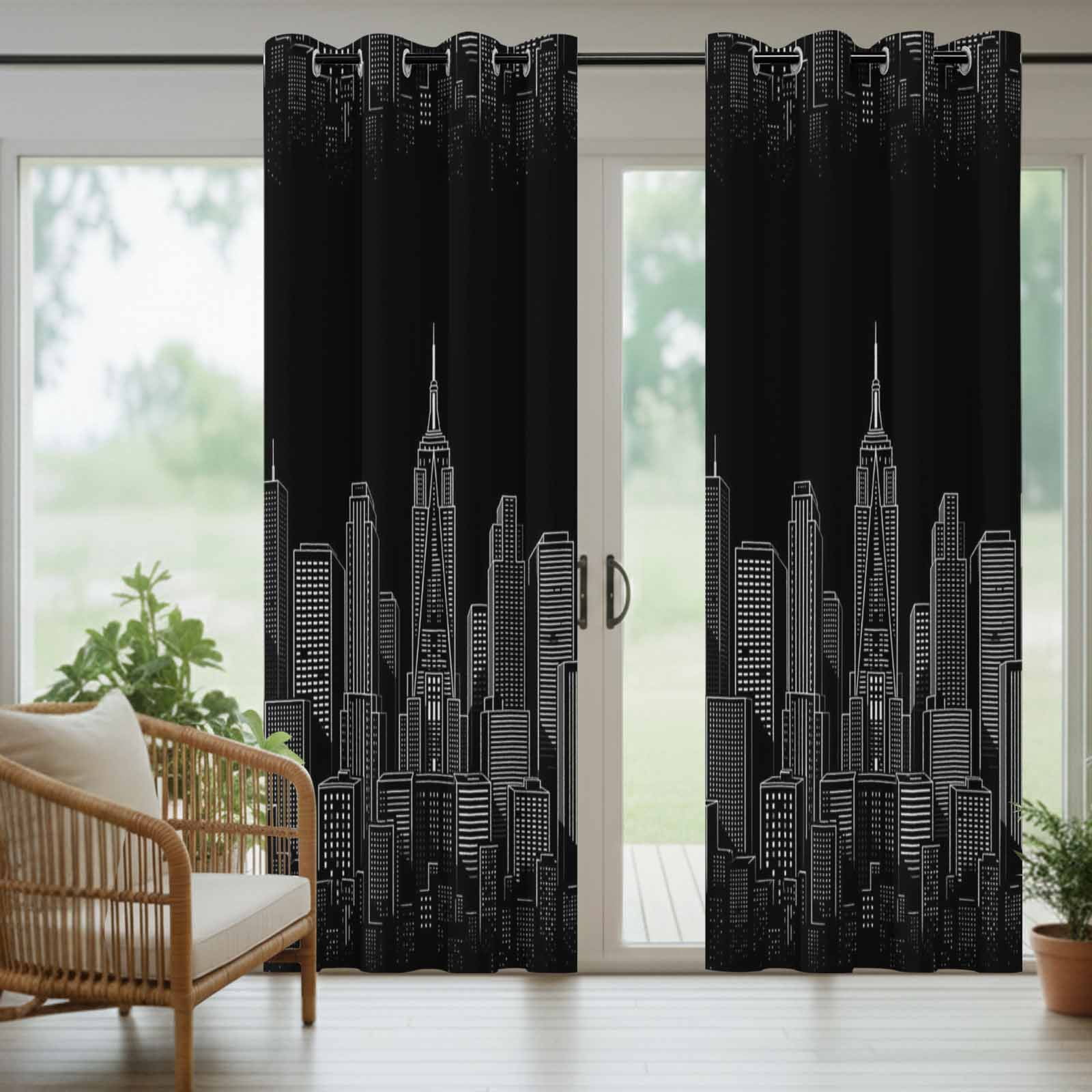 Modern Art Outdoor Curtains for Patio, Black and White Skyscrapers Night City Minimalist Sunshade Privacy Drapes Grommet Waterproof Outside Curtains for Porch/Cabana/Balcony 54"x 108", 1 Panel