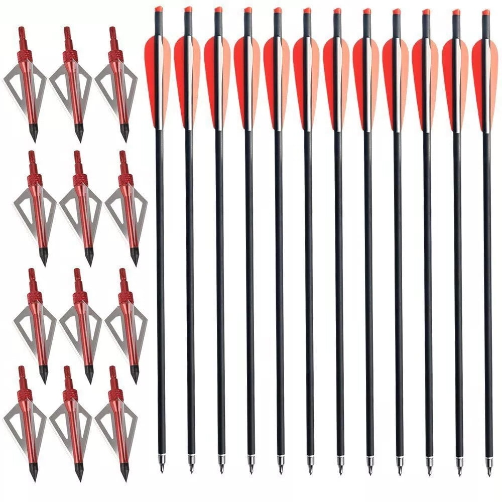 12Pcs 20-inch Carbon Crossbow Bolts W/ 12Pcs 100 Garin Arrowhead Outdoor Hunting