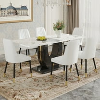 JUFU Dining Table Set for 6, 71'' White Marble Dining Table and Chairs, Modern Kitchen Table Set for 6,with 6 White PU Leather Upholstered Dining Chairs, Dinner Table Set for Dining Room