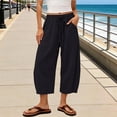 thumbnail image 2 of Linen Capris for Women Linen Barrel Pants Flowy Trousers High Waisted Pull On Pants With Pockets Casual Lounge Pant With Drawstring Women's Linen Capris Elastic Waist Work Relax Fit Lounge, 2 of 7