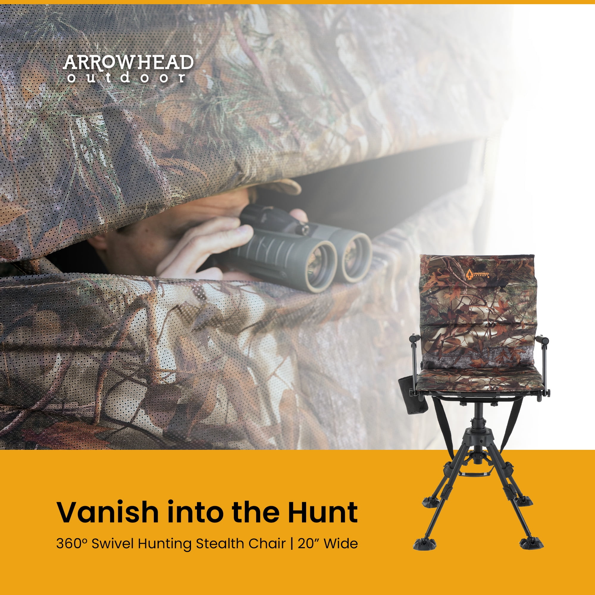 ARROWHEAD OUTDOOR Wide Folding 360° Hunting Swivel Blind Chair with Removable Camouflage Seat Pad, Armrest, No-sink Feet, Shoulder Strap, Mesh Chair, Adjustable Height