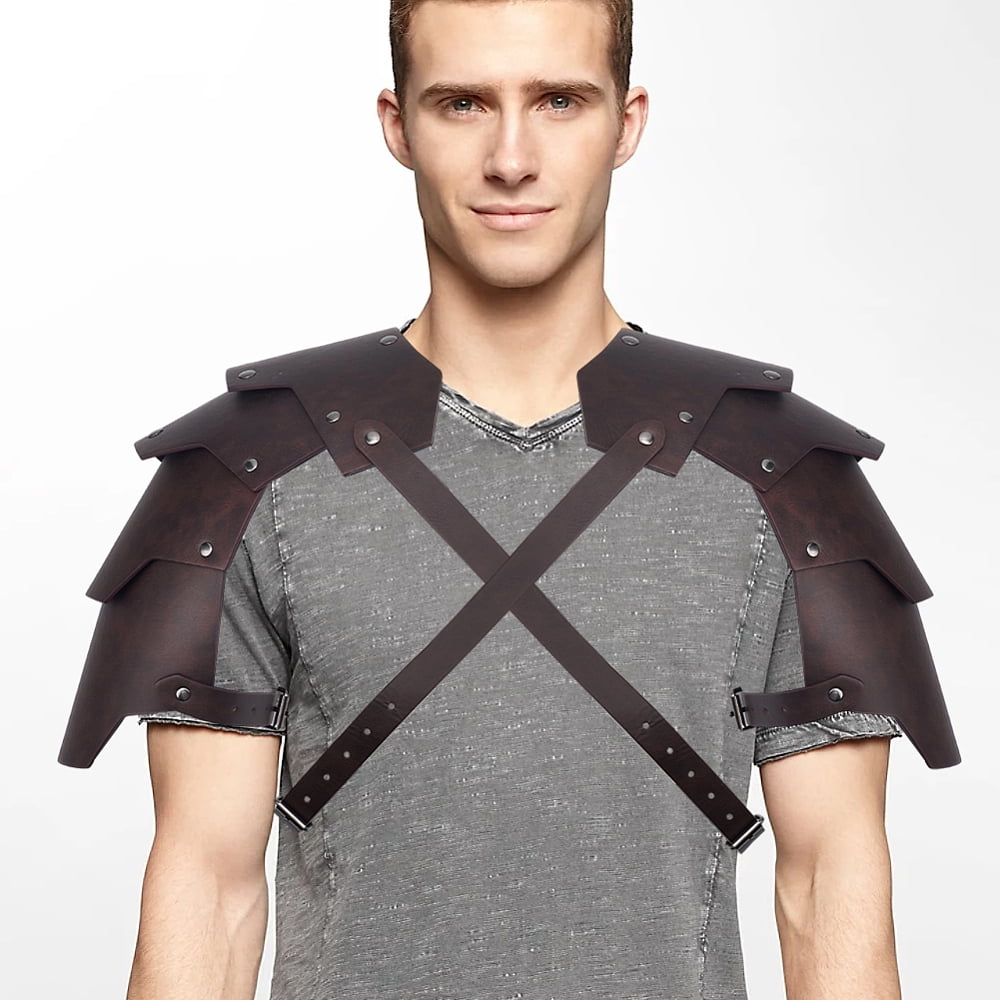 1Pc Medieval PU Leather Double Shoulder Armor Retro Cosplay Props with Alloy Findings Coconut Brown 300x280x5.5mm DIY