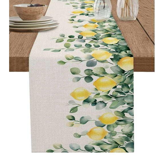 Table Runner Dresser Scarf 13 x 48 Inch Country Lemon Fruit Farm Linen Texture Table Runners Non-Slip Heat Kitchen Dining Table Decor for Indoor Outdoor Home Party Decoration