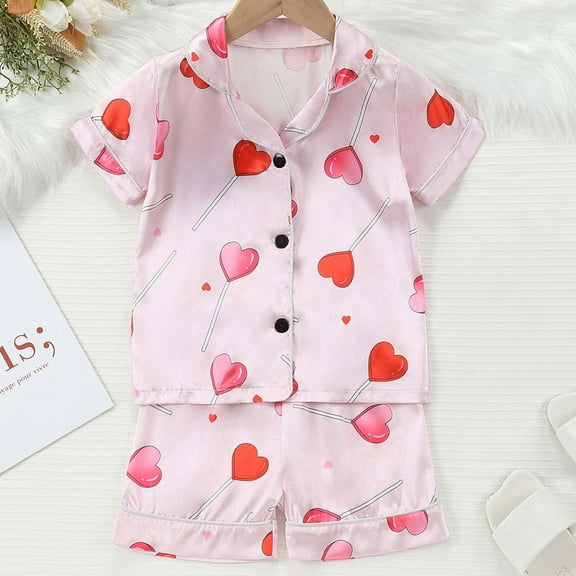 Girls Satin Pajamas Set Cartoon Heart Print Button Down Sleep Shirt Top Pajamas Pants Girls' Fashion Pajamas Set Girls Pjs Size 18-24 Months