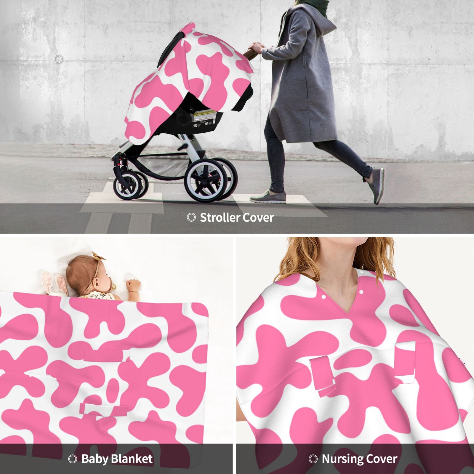 Car Seat Cover Baby - pink cow print cute Breathable Infant Car Seat Cover for Baby Carseat, Lightweight Comfort Baby Essentials Must Haves Newborn Stuff for Girl Boy