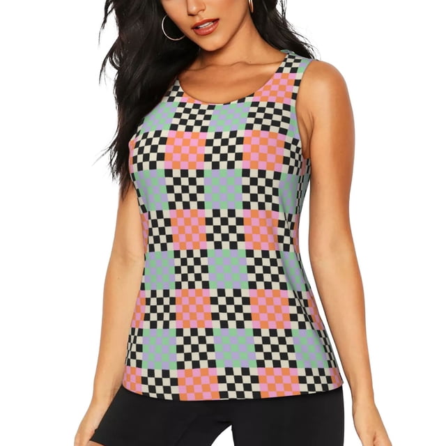 Fotbe Colorful Checkered Blusas Sin Mangas para Mujer – Estilo Casual, Corte Suelto, Slim-Fit, Cuello Redondo Deportivo, Tops de Verano para Gimnasio y Yoga-Large