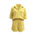 thumbnail image 4 of DHFJKG Linen 2 Piece Summer Outfits Women Shorts Set Long Sleeve Button Up Shirts And Shorts Solid Color Loose Fit Matching Sets Comfy Outfit, 4 of 4