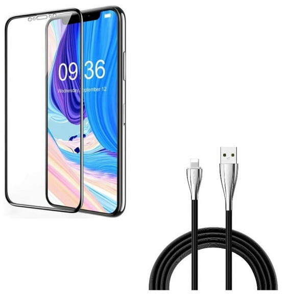 iPhone XS/X - Charger Cord 6ft USB Cable w Ceramics Screen Protector - Power Wire Long Sync Fast Charge Data, Matte 3D Curved Edge Full Cover Anti Glare Anti Fingerprint 9H Hardness