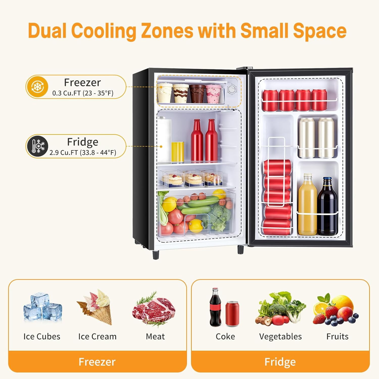 3.2 cu ft Mini Fridge with Freezer Compartment, Small Single Door Refrigerator Adjustable Thermostat, Energy Saving Compact Fridge for Office Dorm Bedroom, Black