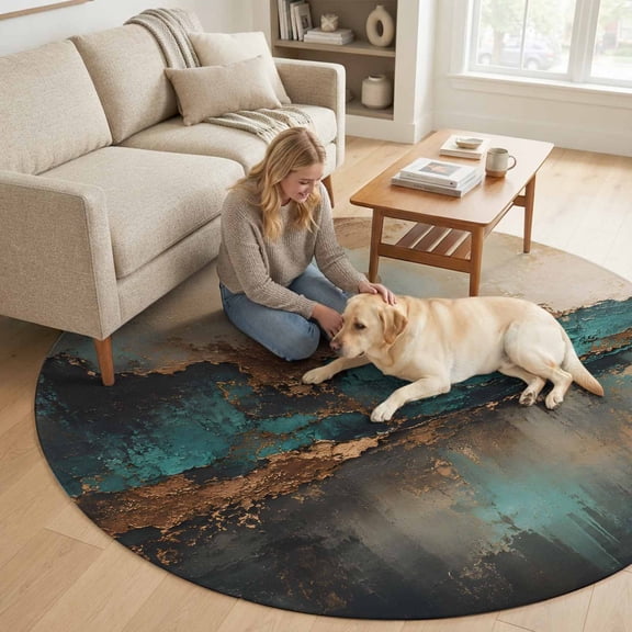 Mountain Range 6FT Round Area Rugs for Living Room Abstract Vintage Green Golden Foil Accent Textured Ultra-Thin Non-Slip Round Rugs Washable Low Pile Circle Carpet for Bedroom Kitchen Nursery