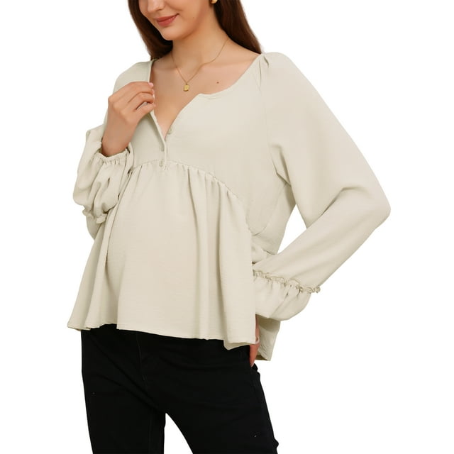 INSPIRAR CHIC Blusa de Maternidad para Mujeres del Día de las Madres, Tops de Largo Alto, Cuello en V, Babydoll, Botones, Manga Larga, Linterna, Plisada, Arrugada, Volante, Embarazo XL Beige