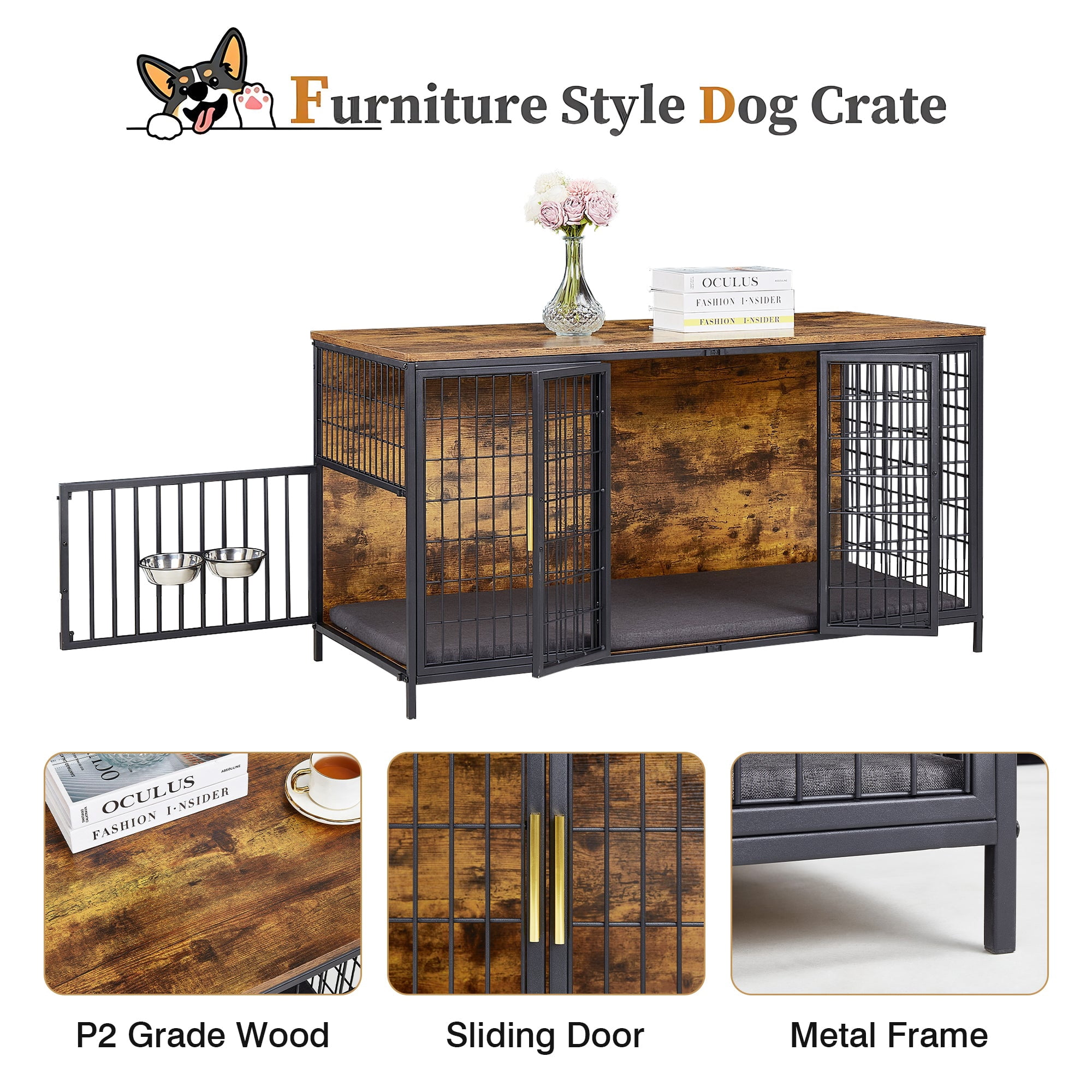 VECELO Dog Crate Furniture, 53 Inch Dog Kennel Indoor Wooden Dog Cage with Double Doors, Farmhouse Decorative Pet House for Large Medium Dogs, Chew-Resistant, Brown