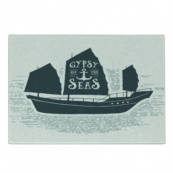 Vintage Boat Cutting Board, Gypsy of the Sea Pirate Ship Headed to Treasure Island Vintage Style, Decorative Tempered Glass Cutting and Serving Board, Small Size, Dark Blue Grey White, by Ambesonne