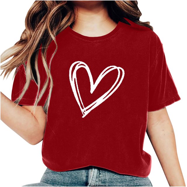 Diufon Hauts de la Saint-Valentin pour Femmes à Manches Courtes, Tunique à Col Rond, Chemise Décontractée Tendance Mignonne, Blouse à Imprimé Graphique