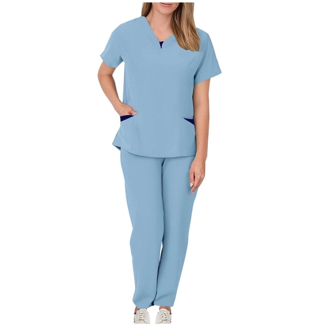 Protective Suit for Women, Short Sleeve V-Neck Top and Drawstring Pocket Pants Set, Polyester, All-Season, Regular Length, for Healthcare Workers and Caregivers