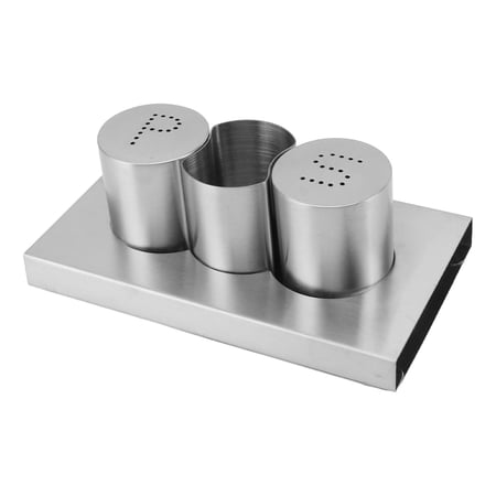 YAHHU Stainless Steel Salt Pepper Shakers Set with Tray, Refined Condiment Spice Dispenser & Toothpick Holder Kitchen Table Accessories, Durable Sleek Shaker Organizer (5.9 x 3.3 in / 15.1 x 8.5 cm)