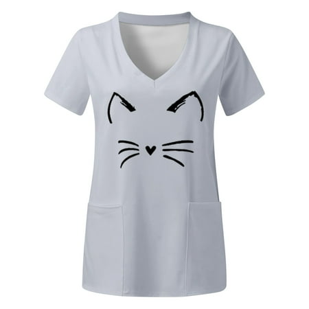 

Women Scrubs Tops Plus Size Top V Neck Short Sleeved Pockets Prints T Shirt Nurse Workwear