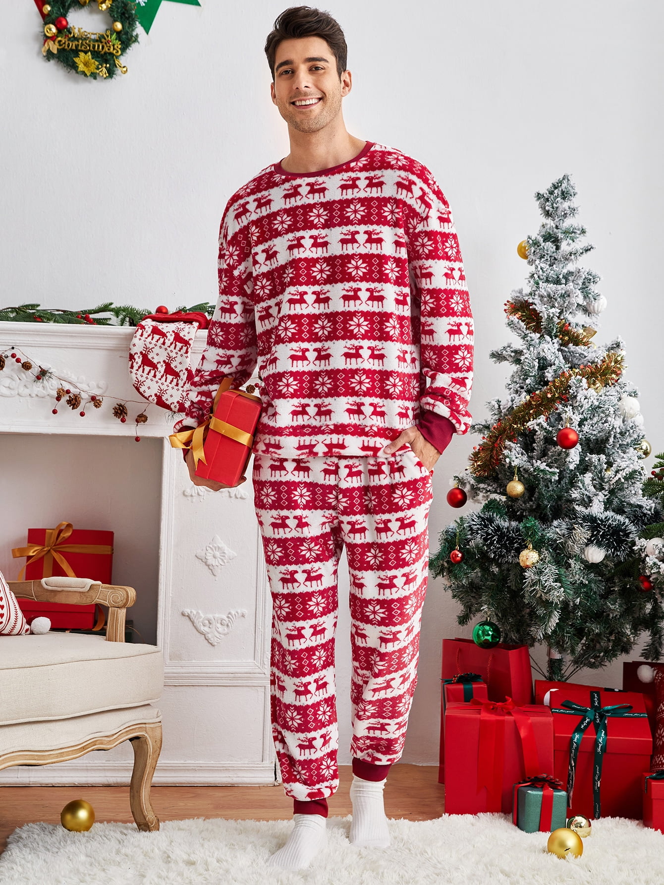 Men Christmas Elk Geo Pattern Flannel 