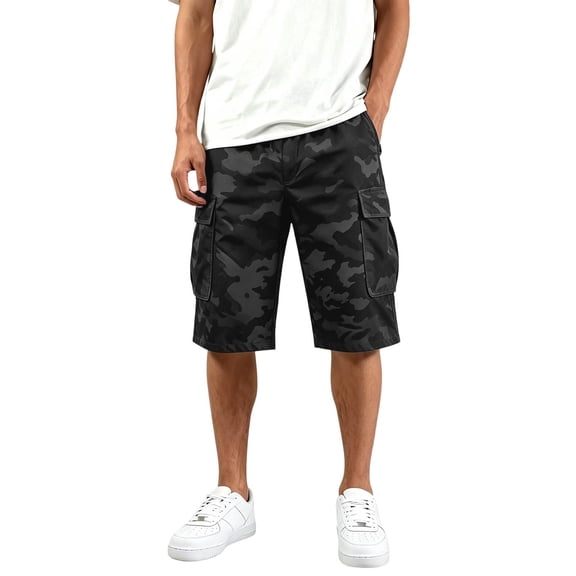 Homeyce Long Cargo Shorts for Men Elastic Waist Long Blew Knee Capri Shorts Multi-Pocket Below Knee Cargo Shorts Classic Military Summer Workout Hiking Bermuda Shorts,Gray M