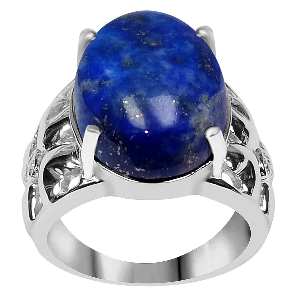 925 Sterling Silver Real White Topaz & Lapis Lazuli Gem Statement Ring Size 8 