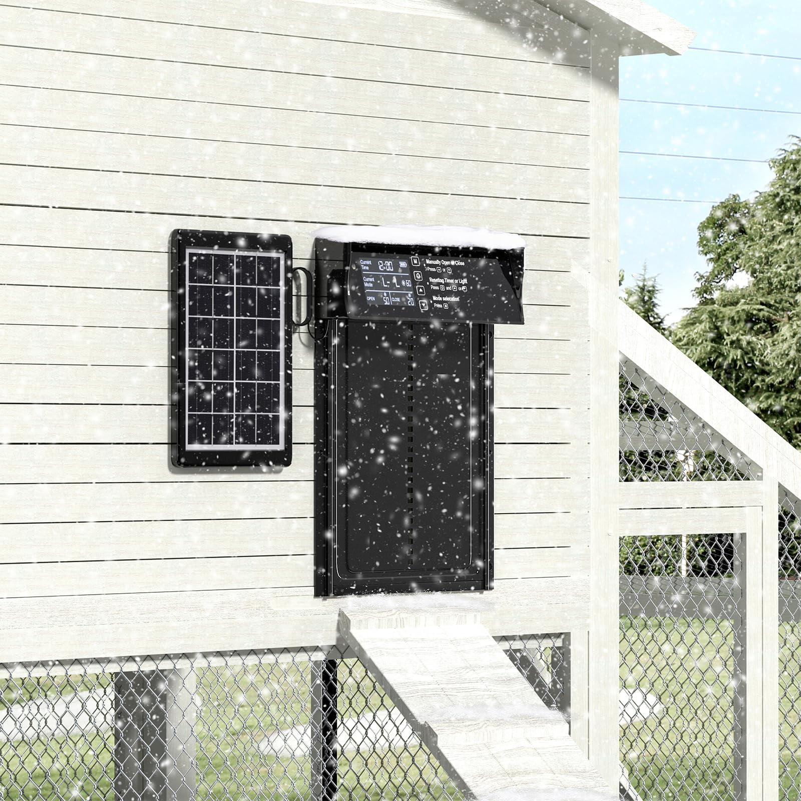 Automatic Chicken Coop Door Solar Powered Auto Chicken Door with Timer & Light Sensor, Anti-Pinch & Alert, LCD Screen, Remote Control Aluminum Waterproof,Black