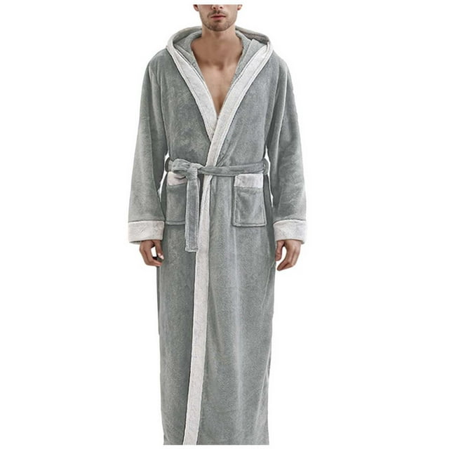 HBFAGFB Men's Bathrobes Fall and Winter Leisure Padded Thickened Long Robe Soft Pajamas Grey Size M