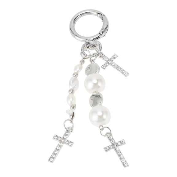 Unique Bargains 1 Pc Handbag Charm Keychain Faux Pearls Bag Accessories Silver Tone Beige