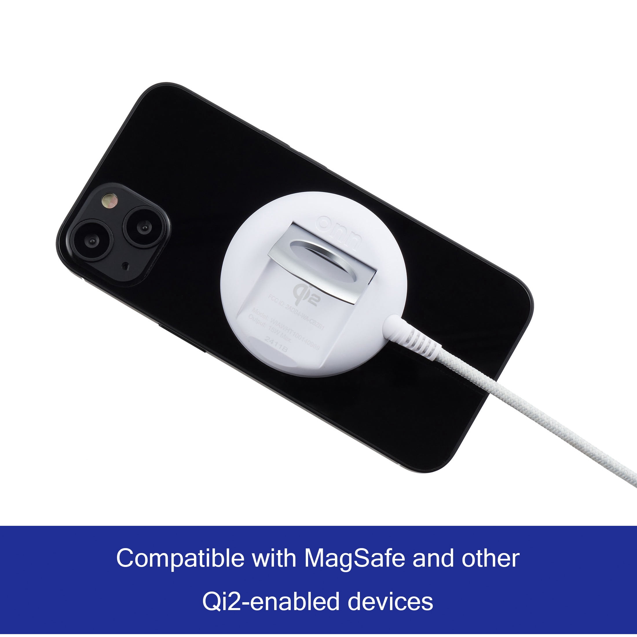 onn 15W Magnetic Wireless Charging Pad, Qi2 Certified, braided cable, White - Compatible with iPhone 17/16/15/14/13/12 series