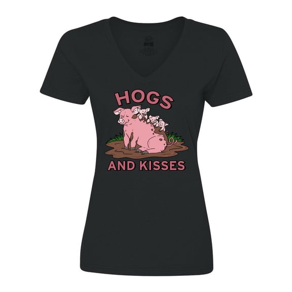 Inktastic Hogs and Kisses with Cute Pig Family Women's V-Neck T-Shirt