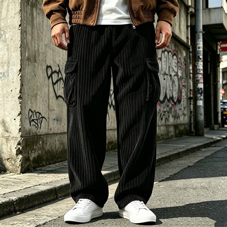 Aofany Men Corduroy Cargo Pants Solid Color Elastic Waist Wide Leg ...