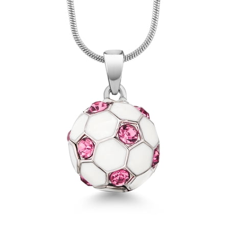 Gem Stone King Soccer Pendant Necklace Gift for Women | White Soccer Ball with Pink Crystals | With 16 inch Snake Chain
