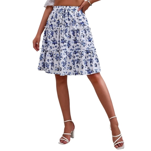 Women'S Elastic High Waist Floral Print Tie Front Ruffle Hem Skirt for Work and Casual Wear S