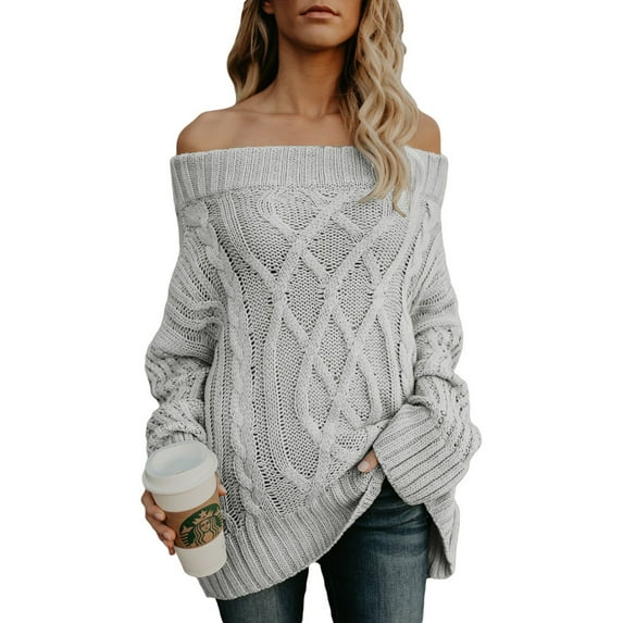 Asyoly Women Off Shoulder Knit Sweater Long Sleeve Loose Sexy Pullover Jumper Tops