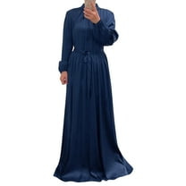 IBTOM CASTLE Women's Muslim Kaftan Abaya Prayer Dress Long Sleeve Self Tie Maxi Dress Middle East Arabian Robe Gown L Navy Blue